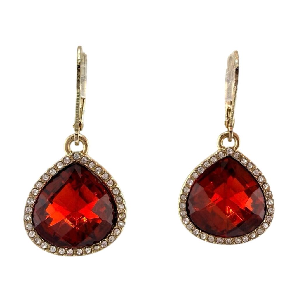 Red Orange Rhinestone Glass Teardrop Crystal Halo Gold Tone 1.5" Earrings